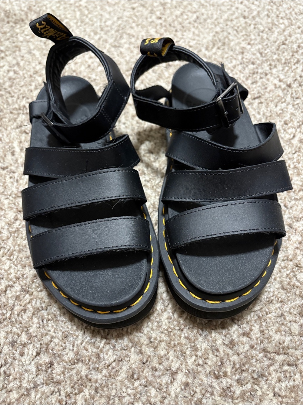 Dr. Martens Black Leather Platform Strappy Sandals with Yellow Stitching
